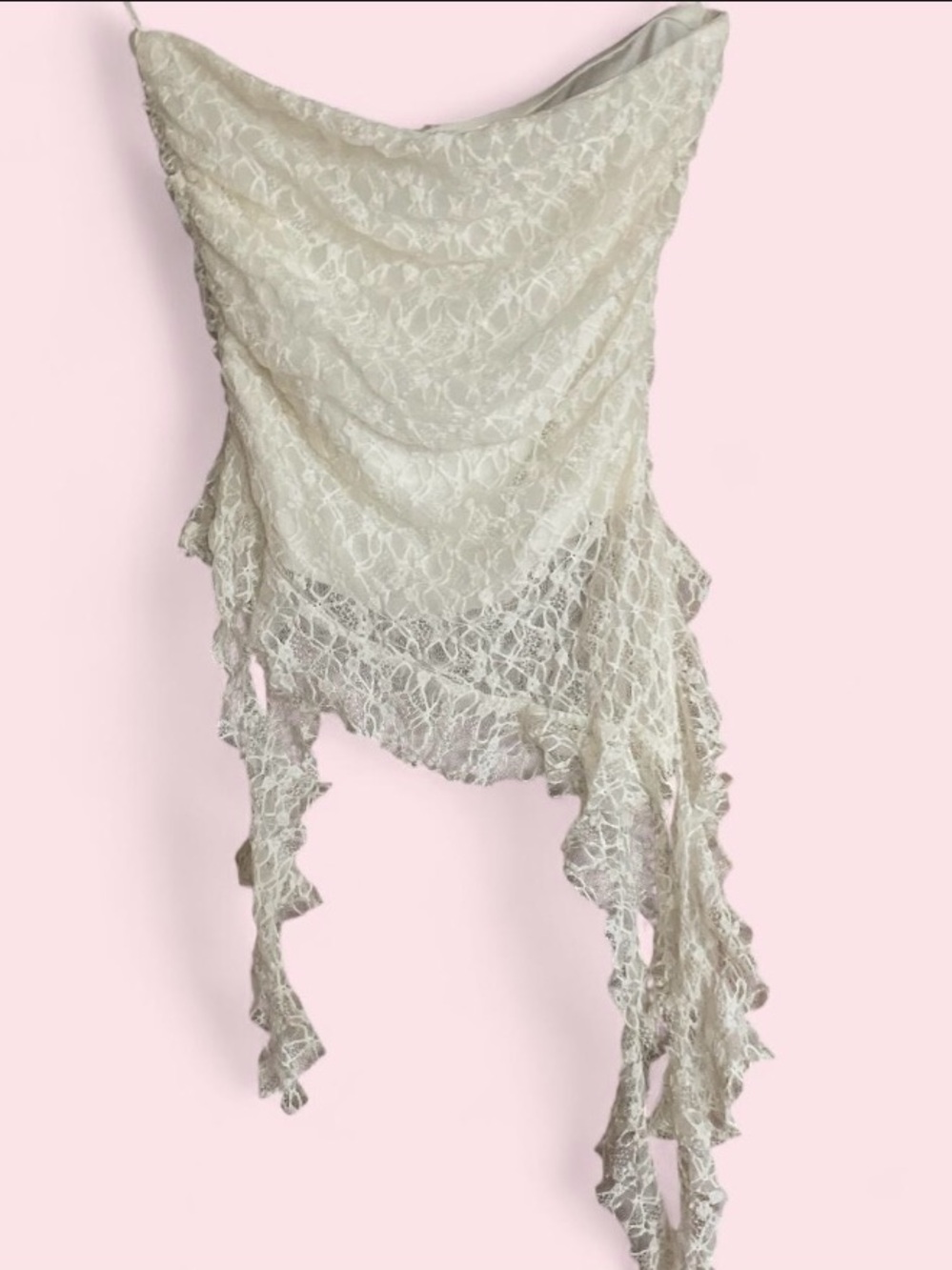 White Delicate Asymmetrical Strapless Top with Frill Accents